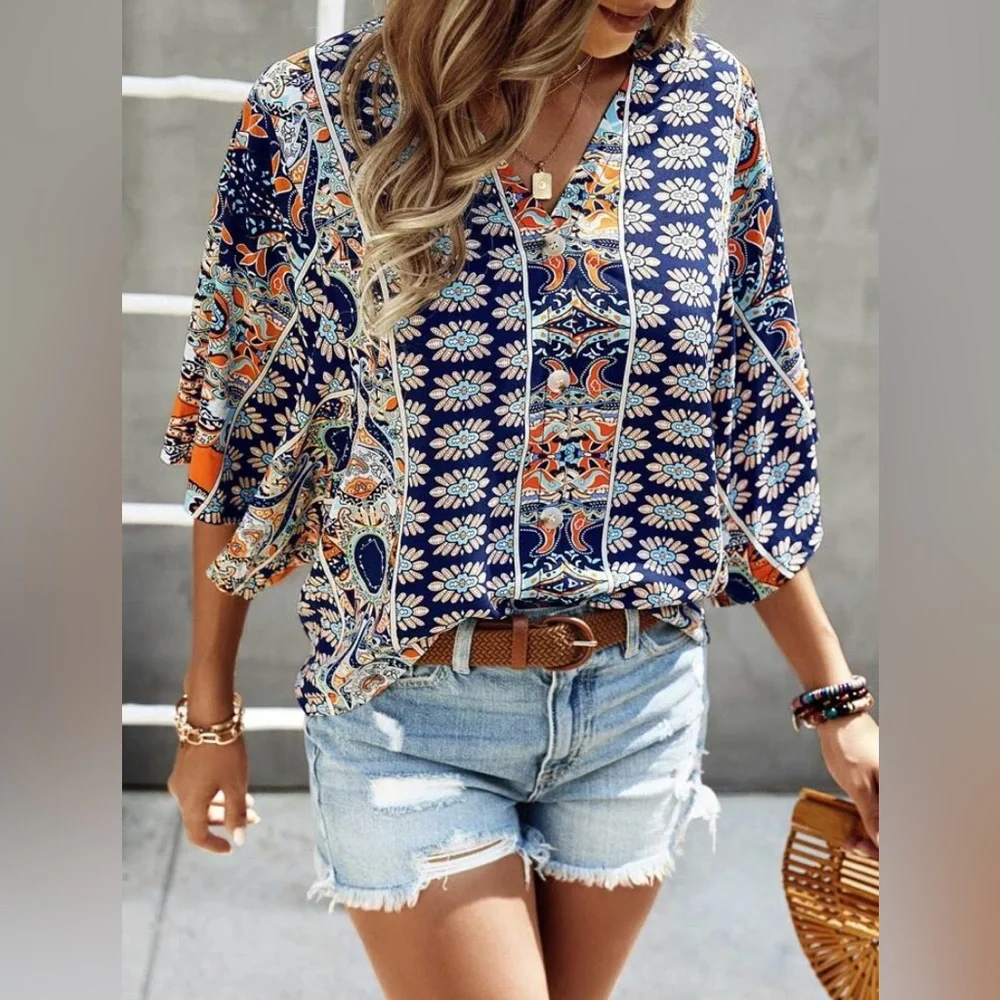 Cream Navy Boho Floral Kimono Wide Sleeve Top / Batwing Sleeve Blouse - Picture 2 of 6